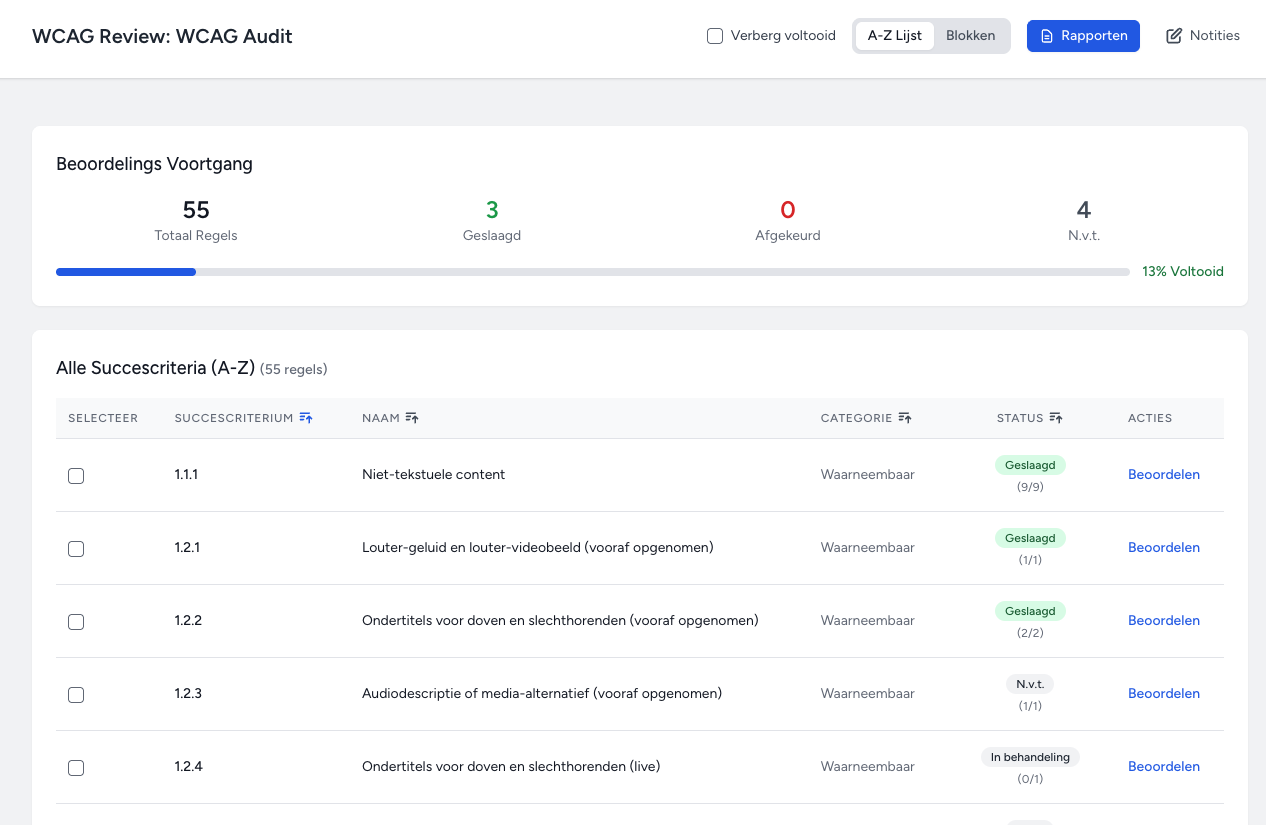Overzicht van succescriteria en beoordelingen in WCAGaudit.app